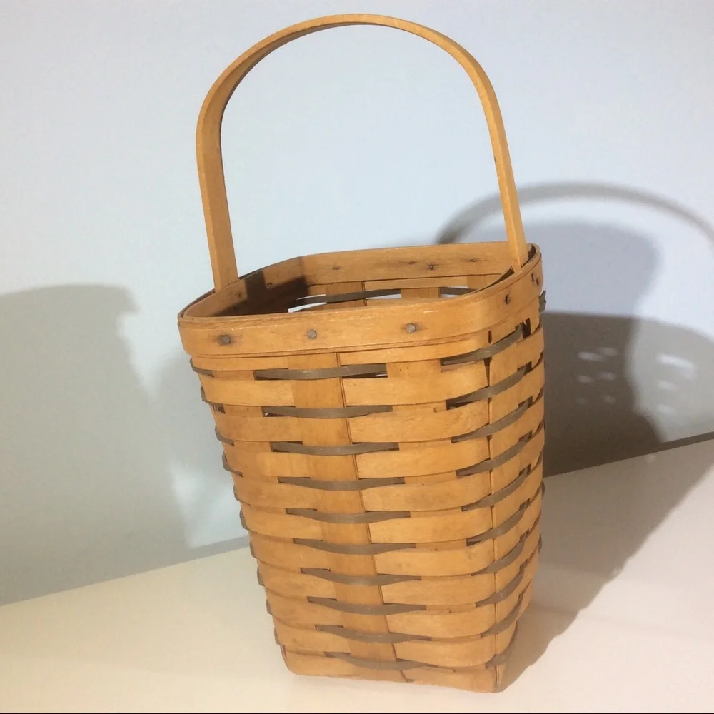 Longaberger Wine Bottle Basket Tall Two Tone Wood Carrier w/ Handle Made in USA